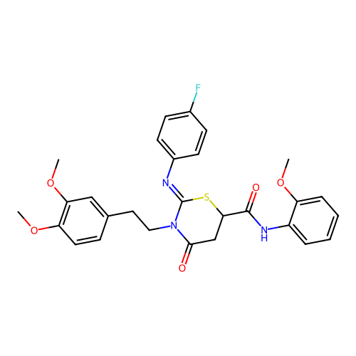 (2Z)-3-[2-(3,4-dimethoxyphenyl)ethyl]-2-[(4-fluorophenyl)imino]-N-(2-methoxyphenyl)-4-oxo-1,3-thiazinane-6-carboxamide structure