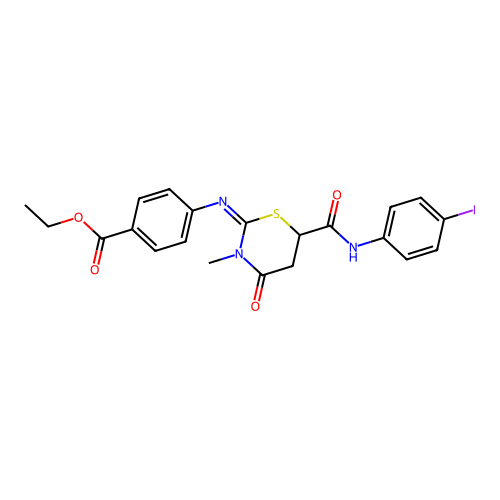 Ethyl 4-[[6-[(4-iodophenyl)carbamoyl]-3-methyl-4-oxo-1,3-thiazinan-2-ylidene]amino]benzoate structure