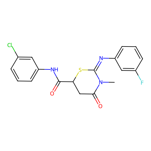 (2E)-N-(3-chlorophenyl)-2-[(3-fluorophenyl)imino]-3-methyl-4-oxo-1,3-thiazinane-6-carboxamide structure