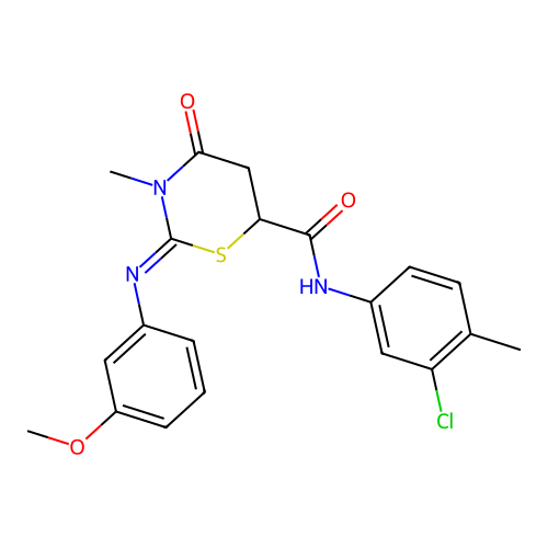 (2E)-N-(3-chloro-4-methylphenyl)-2-[(3-methoxyphenyl)imino]-3-methyl-4-oxo-1,3-thiazinane-6-carboxamide structure