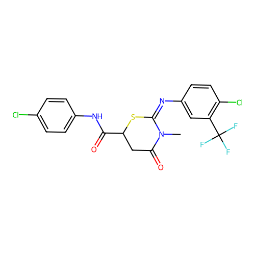 (2Z)-N-(4-chlorophenyl)-2-{[4-chloro-3-(trifluoromethyl)phenyl]imino}-3-methyl-4-oxo-1,3-thiazinane-6-carboxamide structure
