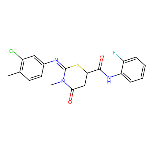 (2Z)-2-[(3-chloro-4-methylphenyl)imino]-N-(2-fluorophenyl)-3-methyl-4-oxo-1,3-thiazinane-6-carboxamide structure