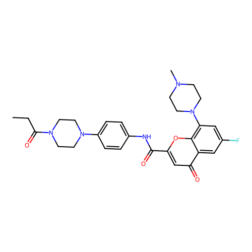 4H-1-Benzopyran-2-carboxamide, 6-fluoro-8-(4-methyl-1-piperazinyl)-4-oxo-N-(4-(4-(1-oxopropyl)-1-piperazinyl)phenyl)- structure