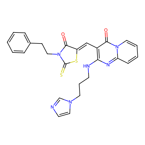 2-{[3-(1H-imidazol-1-yl)propyl]amino}-3-{(Z)-[4-oxo-3-(2-phenylethyl)-2-thioxo-1,3-thiazolidin-5-ylidene]methyl}-4H-pyrido[1,2-a]pyrimidin-4-one structure