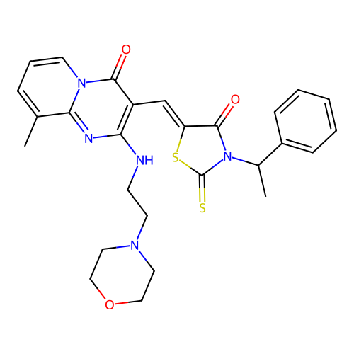 (Z)-5-((9-methyl-2-((2-morpholinoethyl)amino)-4-oxo-4H-pyrido[1,2-a]pyrimidin-3-yl)methylene)-3-(1-phenylethyl)-2-thioxothiazolidin-4-one structure