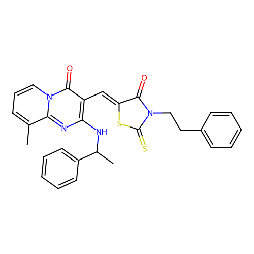 9-methyl-3-{(Z)-[4-oxo-3-(2-phenylethyl)-2-thioxo-1,3-thiazolidin-5-ylidene]methyl}-2-[(1-phenylethyl)amino]-4H-pyrido[1,2-a]pyrimidin-4-one structure