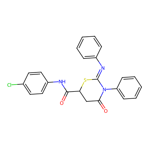 (2Z)-N-(4-chlorophenyl)-4-oxo-3-phenyl-2-(phenylimino)-1,3-thiazinane-6-carboxamide structure