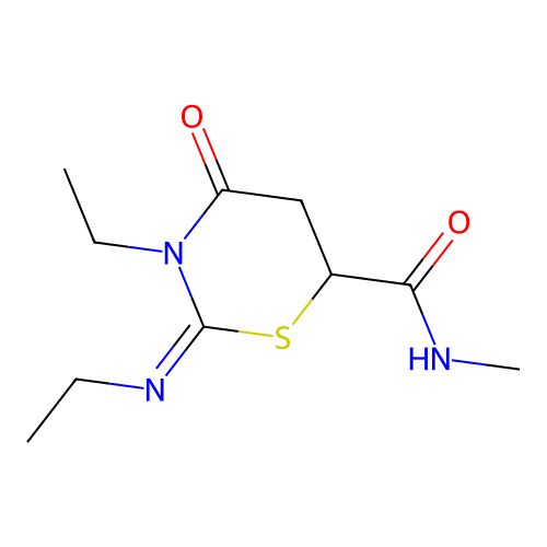 (2Z)-3-ethyl-2-(ethylimino)-N-methyl-4-oxo-1,3-thiazinane-6-carboxamide structure