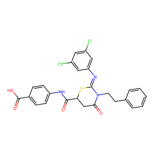 4-({[(2Z)-2-[(3,5-dichlorophenyl)imino]-4-oxo-3-(2-phenylethyl)-1,3-thiazinan-6-yl]carbonyl}amino)benzoic acid structure
