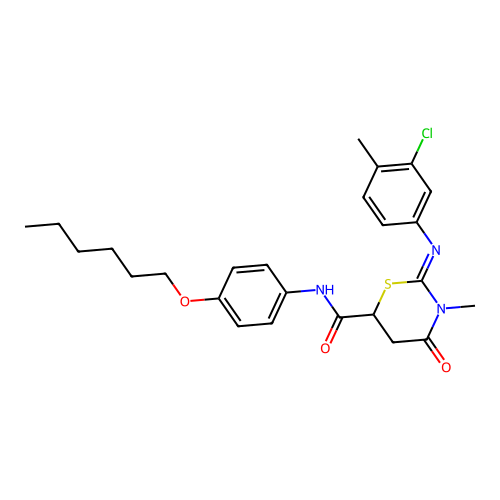 (2Z)-2-[(3-chloro-4-methylphenyl)imino]-N-[4-(hexyloxy)phenyl]-3-methyl-4-oxo-1,3-thiazinane-6-carboxamide structure