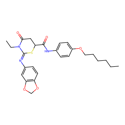 (2Z)-2-(1,3-benzodioxol-5-ylimino)-3-ethyl-N-[4-(hexyloxy)phenyl]-4-oxo-1,3-thiazinane-6-carboxamide structure