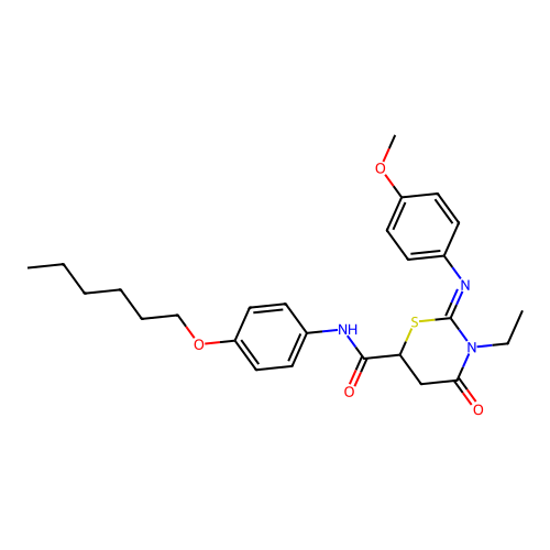 (2Z)-3-ethyl-N-[4-(hexyloxy)phenyl]-2-[(4-methoxyphenyl)imino]-4-oxo-1,3-thiazinane-6-carboxamide structure