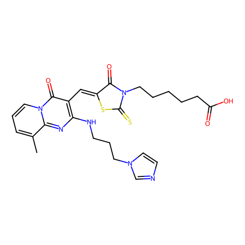 (Z)-6-(5-((2-((3-(1H-imidazol-1-yl)propyl)amino)-9-methyl-4-oxo-4H-pyrido[1,2-a]pyrimidin-3-yl)methylene)-4-oxo-2-thioxothiazolidin-3-yl)hexanoic acid structure