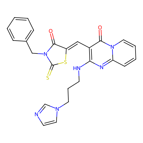 3-[(Z)-(3-benzyl-4-oxo-2-thioxo-1,3-thiazolidin-5-ylidene)methyl]-2-{[3-(1H-imidazol-1-yl)propyl]amino}-4H-pyrido[1,2-a]pyrimidin-4-one structure