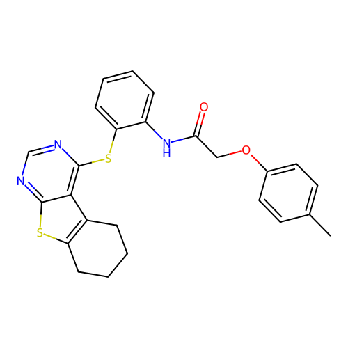 2-(4-methylphenoxy)-N-[2-(5,6,7,8-tetrahydro[1]benzothieno[2,3-d]pyrimidin-4-ylsulfanyl)phenyl]acetamide structure