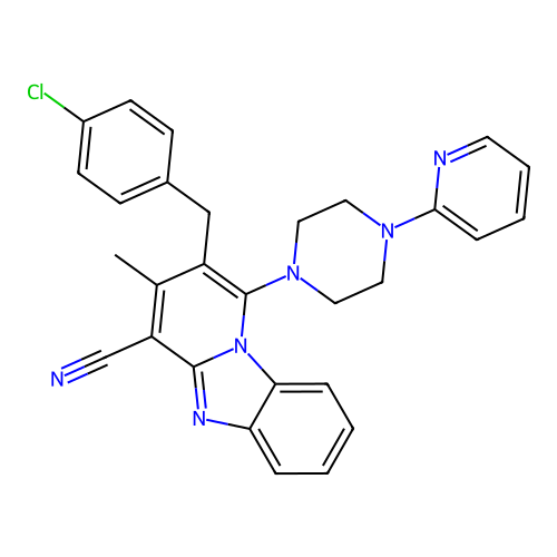 2-(4-chlorobenzyl)-3-methyl-1-(4-(pyridin-2-yl)piperazin-1-yl)benzo[4,5]imidazo[1,2-a]pyridine-4-carbonitrile structure