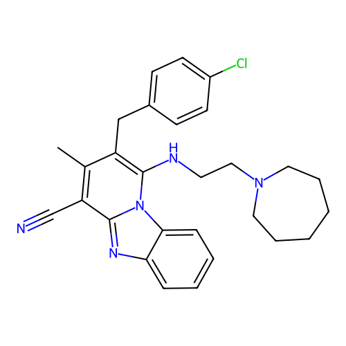 1-((2-(azepan-1-yl)ethyl)amino)-2-(4-chlorobenzyl)-3-methylbenzo[4,5]imidazo[1,2-a]pyridine-4-carbonitrile structure