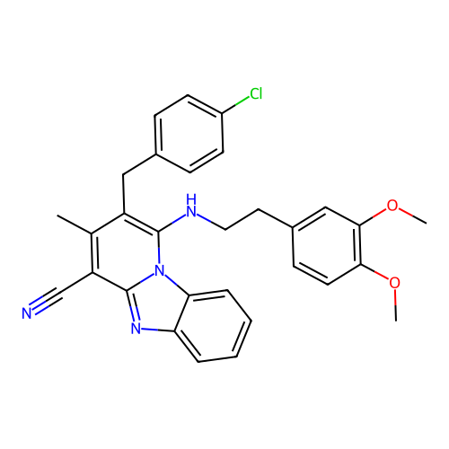 2-(4-chlorobenzyl)-1-((3,4-dimethoxyphenethyl)amino)-3-methylbenzo[4,5]imidazo[1,2-a]pyridine-4-carbonitrile structure