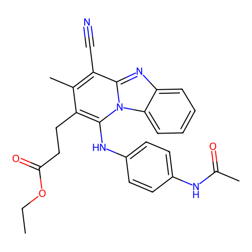 ethyl 3-[1-(4-acetamidoanilino)-4-cyano-3-methylpyrido[1,2-a]benzimidazol-2-yl]propanoate structure