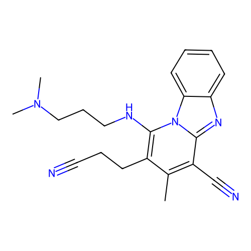 2-(2-cyanoethyl)-1-((3-(dimethylamino)propyl)amino)-3-methylbenzo[4,5]imidazo[1,2-a]pyridine-4-carbonitrile structure
