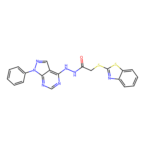 2-(1,3-benzothiazol-2-ylsulfanyl)-N'-(1-phenylpyrazolo[3,4-d]pyrimidin-4-yl)acetohydrazide structure