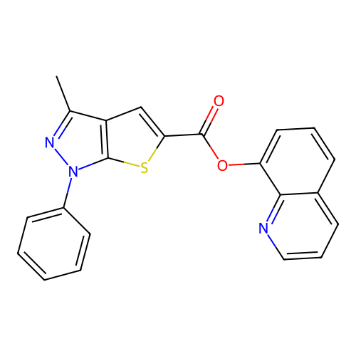 quinolin-8-yl 3-methyl-1-phenyl-1H-thieno[2,3-c]pyrazole-5-carboxylate structure
