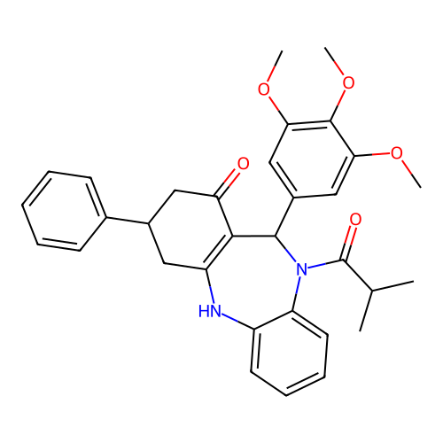 10-isobutyryl-3-phenyl-11-(3,4,5-trimethoxyphenyl)-2,3,4,5,10,11-hexahydro-1H-dibenzo[b,e][1,4]diazepin-1-one structure