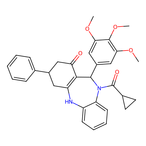 10-(cyclopropanecarbonyl)-3-phenyl-11-(3,4,5-trimethoxyphenyl)-2,3,4,5,10,11-hexahydro-1H-dibenzo[b,e][1,4]diazepin-1-one structure