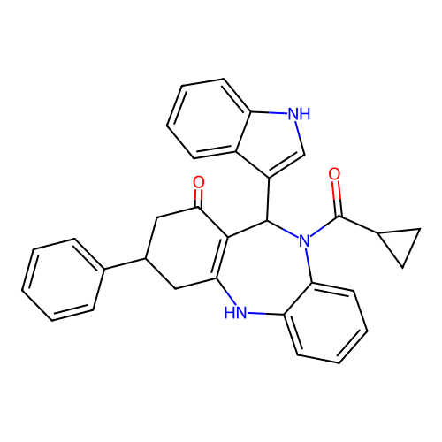 10-(cyclopropanecarbonyl)-11-(1H-indol-3-yl)-3-phenyl-2,3,4,5,10,11-hexahydro-1H-dibenzo[b,e][1,4]diazepin-1-one structure