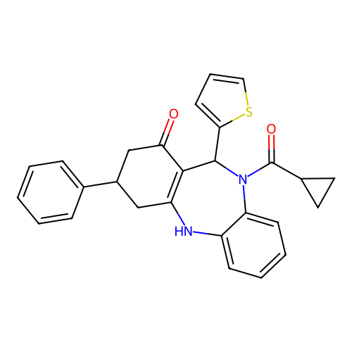 10-(cyclopropanecarbonyl)-3-phenyl-11-(thiophen-2-yl)-2,3,4,5,10,11-hexahydro-1H-dibenzo[b,e][1,4]diazepin-1-one structure