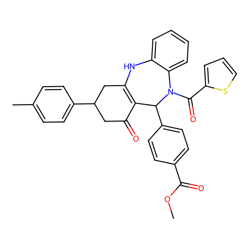 methyl 4-(1-oxo-10-(thiophene-2-carbonyl)-3-(p-tolyl)-2,3,4,5,10,11-hexahydro-1H-dibenzo[b,e][1,4]diazepin-11-yl)benzoate structure