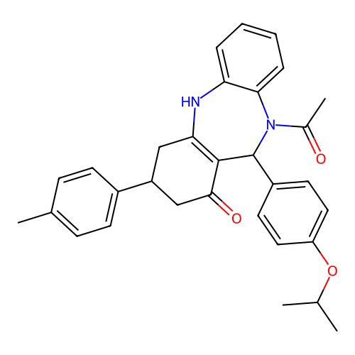 1-{1-hydroxy-3-(4-methylphenyl)-11-[4-(propan-2-yloxy)phenyl]-2,3,4,11-tetrahydro-10H-dibenzo[b,e][1,4]diazepin-10-yl}ethanone structure
