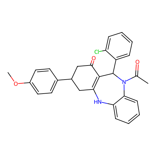 10-acetyl-11-(2-chlorophenyl)-3-(4-methoxyphenyl)-2,3,4,5,10,11-hexahydro-1H-dibenzo[b,e][1,4]diazepin-1-one structure