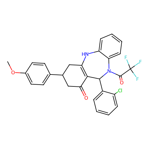 1-[11-(2-chlorophenyl)-1-hydroxy-3-(4-methoxyphenyl)-2,3,4,11-tetrahydro-10H-dibenzo[b,e][1,4]diazepin-10-yl]-2,2,2-trifluoroethanone structure
