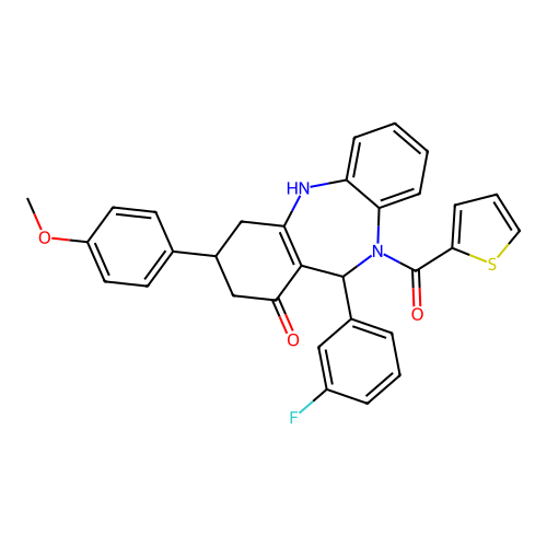 [11-(3-fluorophenyl)-1-hydroxy-3-(4-methoxyphenyl)-2,3,4,11-tetrahydro-10H-dibenzo[b,e][1,4]diazepin-10-yl](thiophen-2-yl)methanone structure