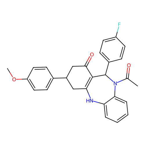 1-[11-(4-fluorophenyl)-1-hydroxy-3-(4-methoxyphenyl)-2,3,4,11-tetrahydro-10H-dibenzo[b,e][1,4]diazepin-10-yl]ethanone structure