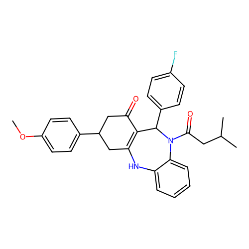 1-[11-(4-fluorophenyl)-1-hydroxy-3-(4-methoxyphenyl)-2,3,4,11-tetrahydro-10H-dibenzo[b,e][1,4]diazepin-10-yl]-3-methylbutan-1-one structure
