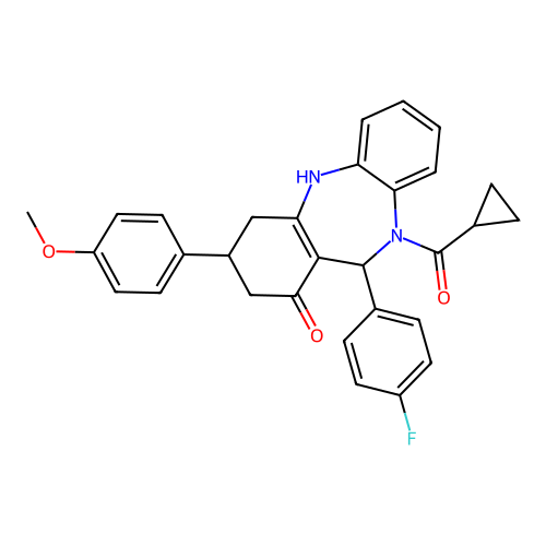 cyclopropyl[11-(4-fluorophenyl)-1-hydroxy-3-(4-methoxyphenyl)-2,3,4,11-tetrahydro-10H-dibenzo[b,e][1,4]diazepin-10-yl]methanone structure