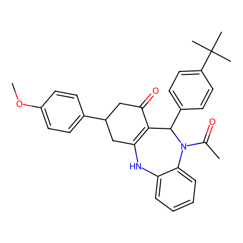 1-[11-(4-tert-butylphenyl)-1-hydroxy-3-(4-methoxyphenyl)-2,3,4,11-tetrahydro-10H-dibenzo[b,e][1,4]diazepin-10-yl]ethanone structure