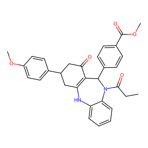 methyl 4-[1-hydroxy-3-(4-methoxyphenyl)-10-propanoyl-3,4,10,11-tetrahydro-2H-dibenzo[b,e][1,4]diazepin-11-yl]benzoate structure