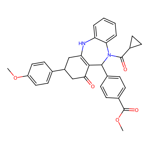 methyl 4-[10-(cyclopropylcarbonyl)-1-hydroxy-3-(4-methoxyphenyl)-3,4,10,11-tetrahydro-2H-dibenzo[b,e][1,4]diazepin-11-yl]benzoate structure