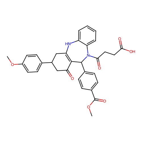 4-{1-hydroxy-11-[4-(methoxycarbonyl)phenyl]-3-(4-methoxyphenyl)-2,3,4,11-tetrahydro-10H-dibenzo[b,e][1,4]diazepin-10-yl}-4-oxobutanoic acid structure