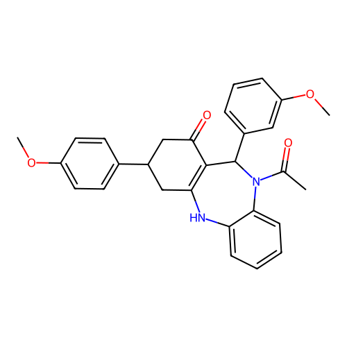 1-[1-hydroxy-11-(3-methoxyphenyl)-3-(4-methoxyphenyl)-2,3,4,11-tetrahydro-10H-dibenzo[b,e][1,4]diazepin-10-yl]ethanone structure