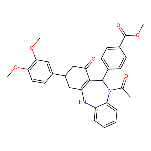 methyl 4-(10-acetyl-3-(3,4-dimethoxyphenyl)-1-oxo-2,3,4,5,10,11-hexahydro-1H-dibenzo[b,e][1,4]diazepin-11-yl)benzoate structure