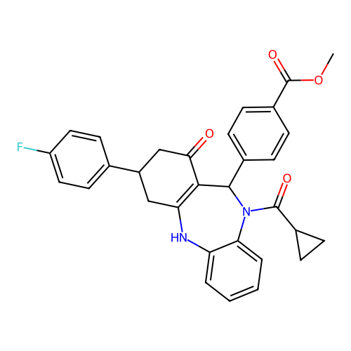 methyl 4-[10-(cyclopropylcarbonyl)-3-(4-fluorophenyl)-1-hydroxy-3,4,10,11-tetrahydro-2H-dibenzo[b,e][1,4]diazepin-11-yl]benzoate structure