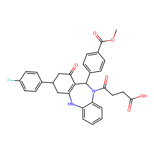4-{3-(4-fluorophenyl)-1-hydroxy-11-[4-(methoxycarbonyl)phenyl]-2,3,4,11-tetrahydro-10H-dibenzo[b,e][1,4]diazepin-10-yl}-4-oxobutanoic acid structure