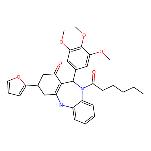 1-[3-(furan-2-yl)-1-hydroxy-11-(3,4,5-trimethoxyphenyl)-2,3,4,11-tetrahydro-10H-dibenzo[b,e][1,4]diazepin-10-yl]hexan-1-one structure