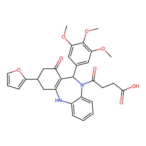4-[3-(furan-2-yl)-1-hydroxy-11-(3,4,5-trimethoxyphenyl)-2,3,4,11-tetrahydro-10H-dibenzo[b,e][1,4]diazepin-10-yl]-4-oxobutanoic acid structure
