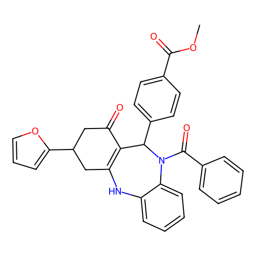 methyl 4-(10-benzoyl-3-(furan-2-yl)-1-oxo-2,3,4,5,10,11-hexahydro-1H-dibenzo[b,e][1,4]diazepin-11-yl)benzoate structure