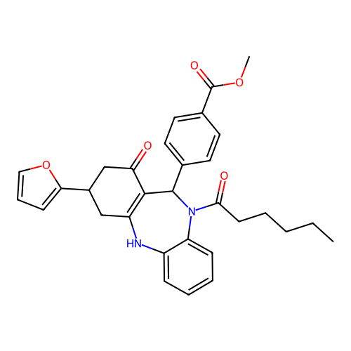 methyl 4-[3-(furan-2-yl)-10-hexanoyl-1-hydroxy-3,4,10,11-tetrahydro-2H-dibenzo[b,e][1,4]diazepin-11-yl]benzoate structure